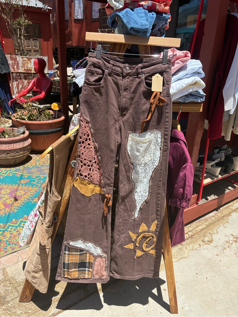 Brown Patchwork Boho Flared Pants with Sun Motif